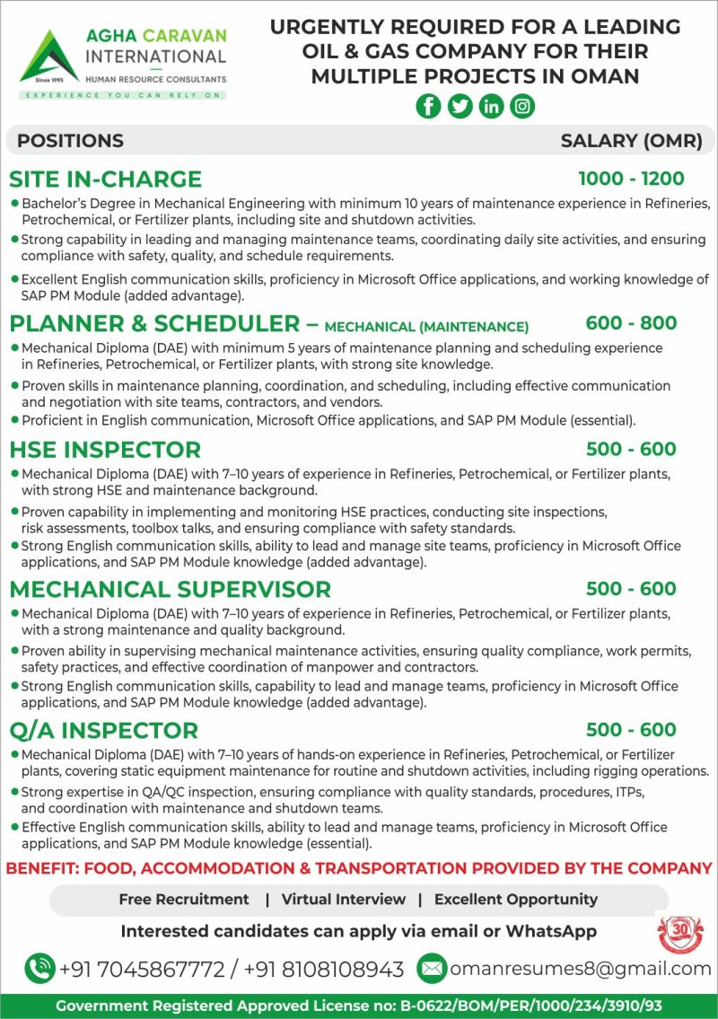 Urgent Requirement For Oman