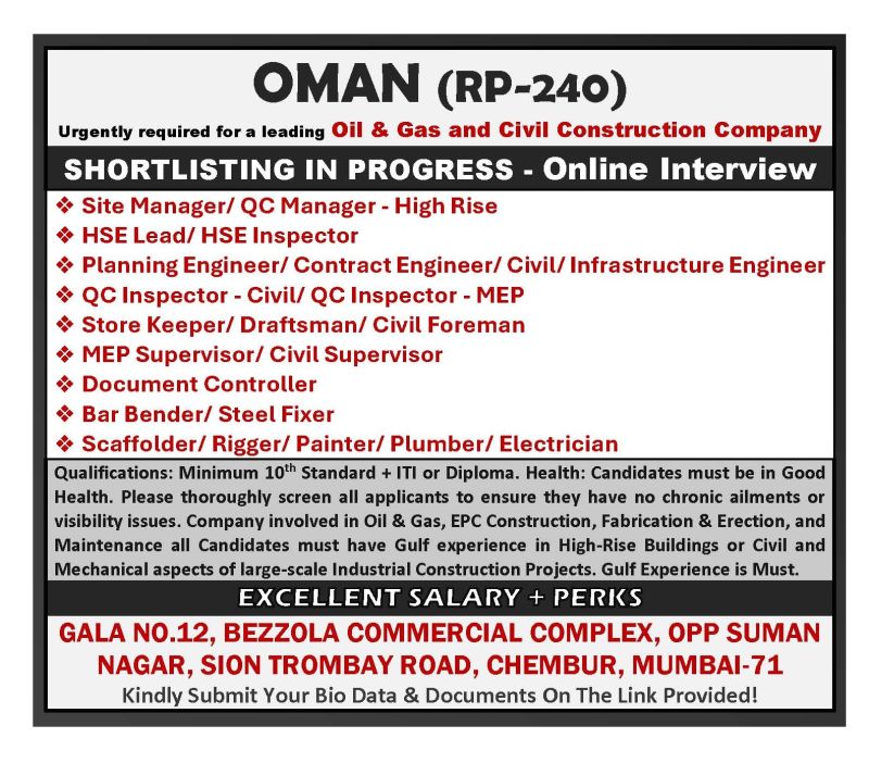 Urgent Requirement For Oman