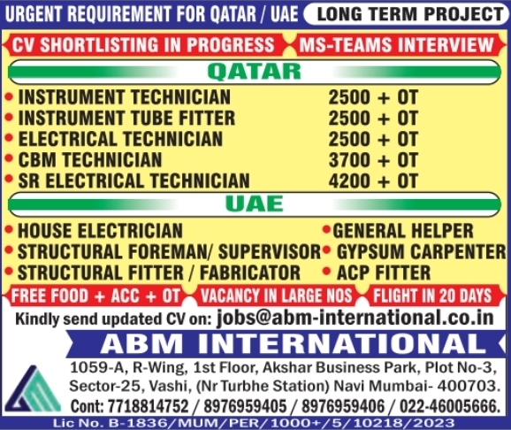 Urgent Requirement For Qatar/ UAE