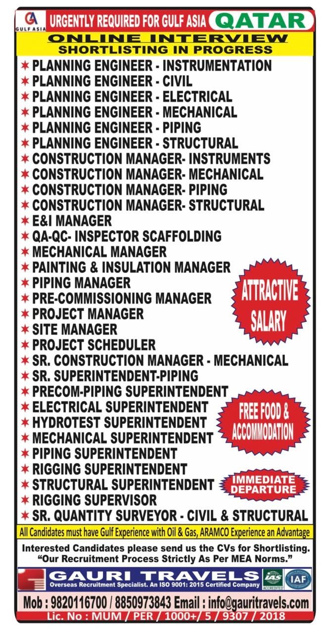 Urgent Requirement For Qatar