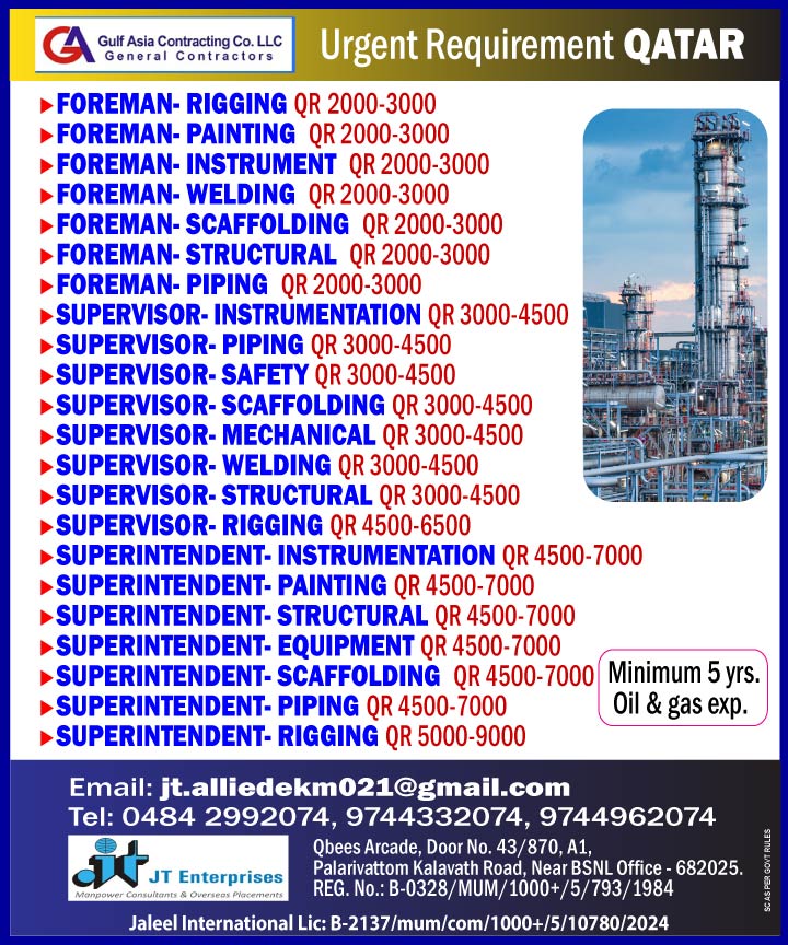 Urgent Requirement For Qatar