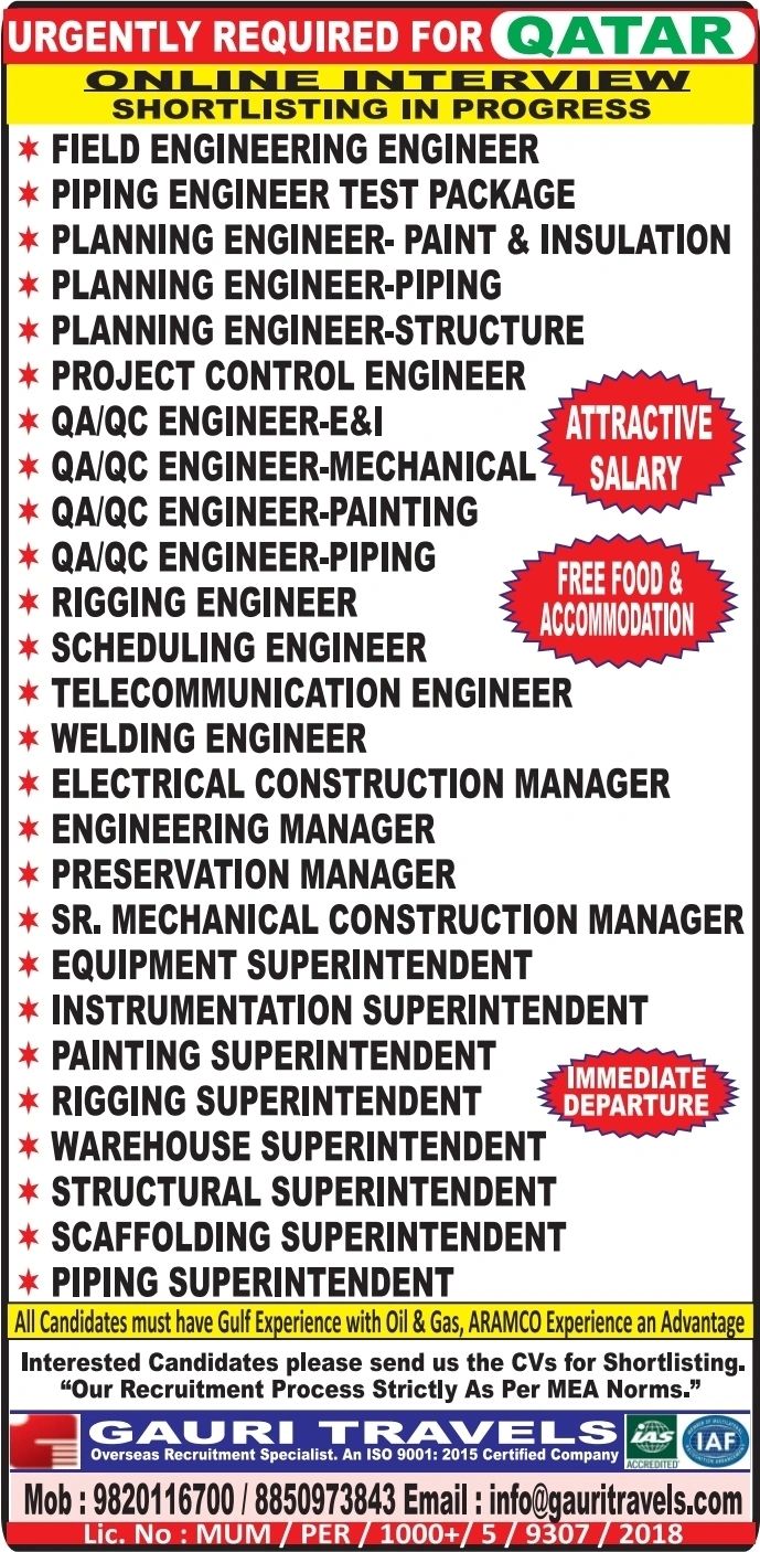 Urgent Requirement For Qatar
