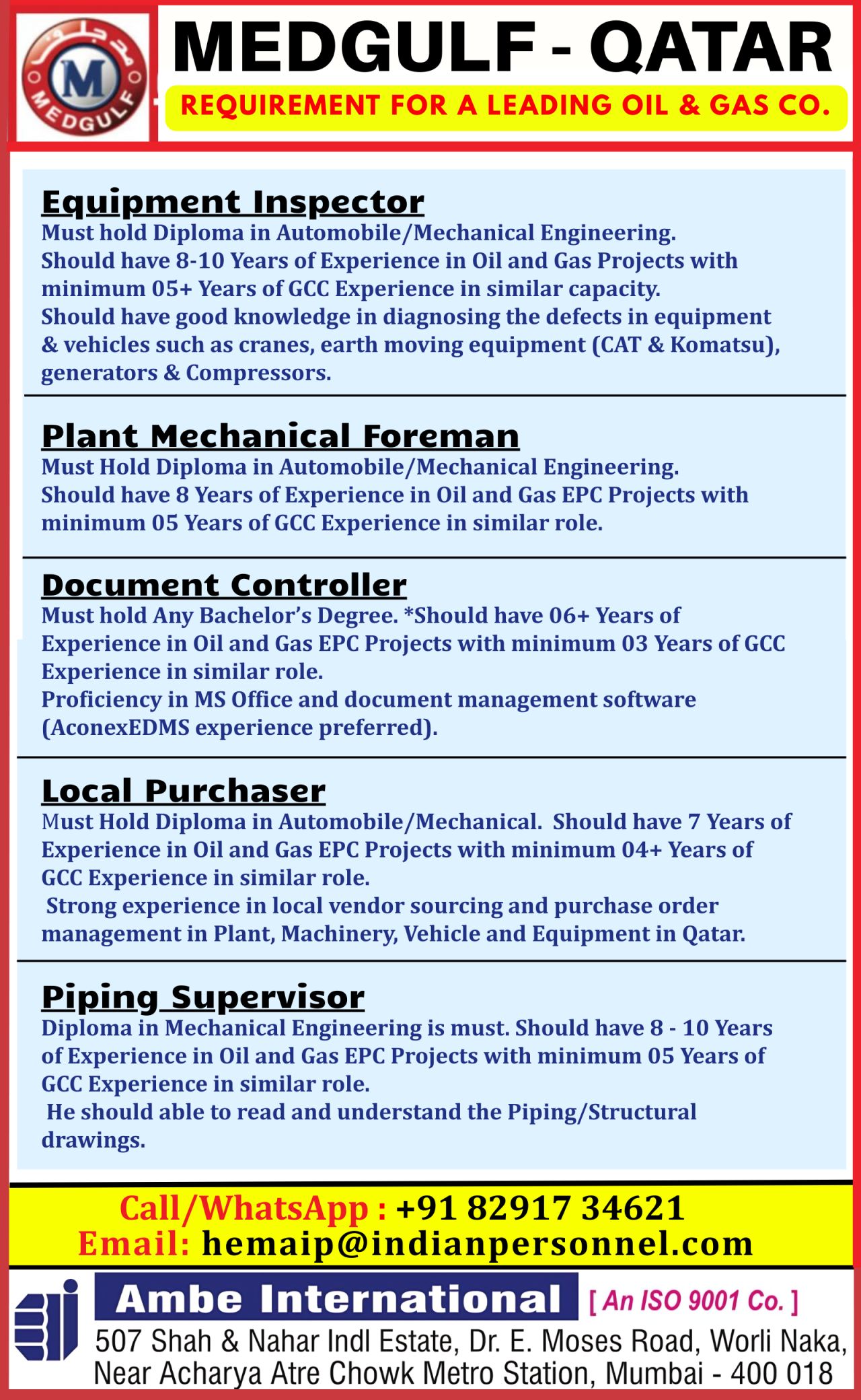 Urgent Requirement For Qatar