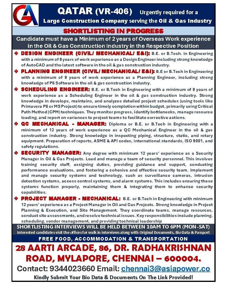 Urgent Requirement For Qatar