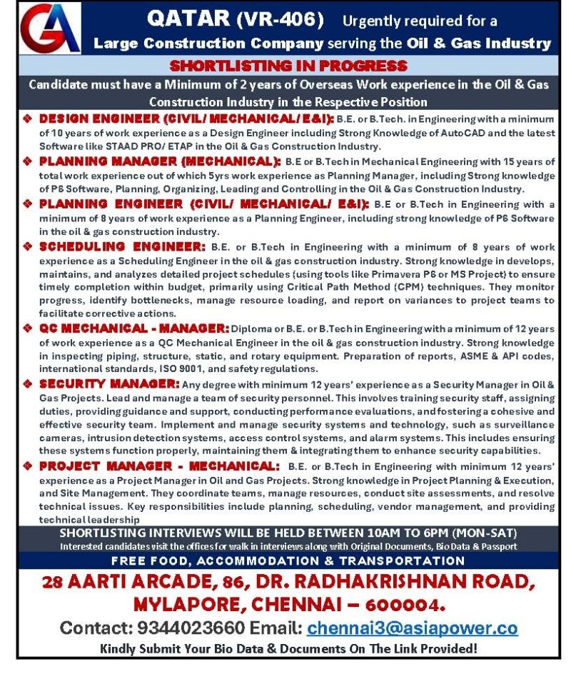 Urgent Requirement For Qatar