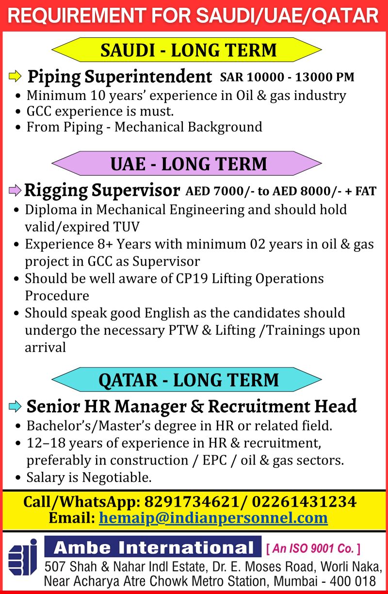 Urgent Requirement For Saudi Arabia, UAE, Qatar