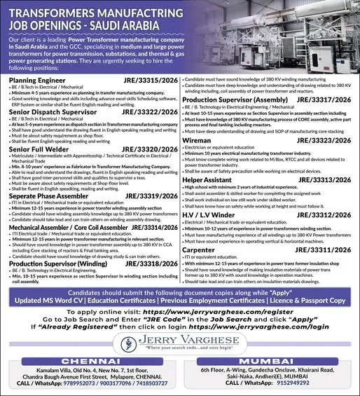 Urgent Requirement For Saudi Arabia