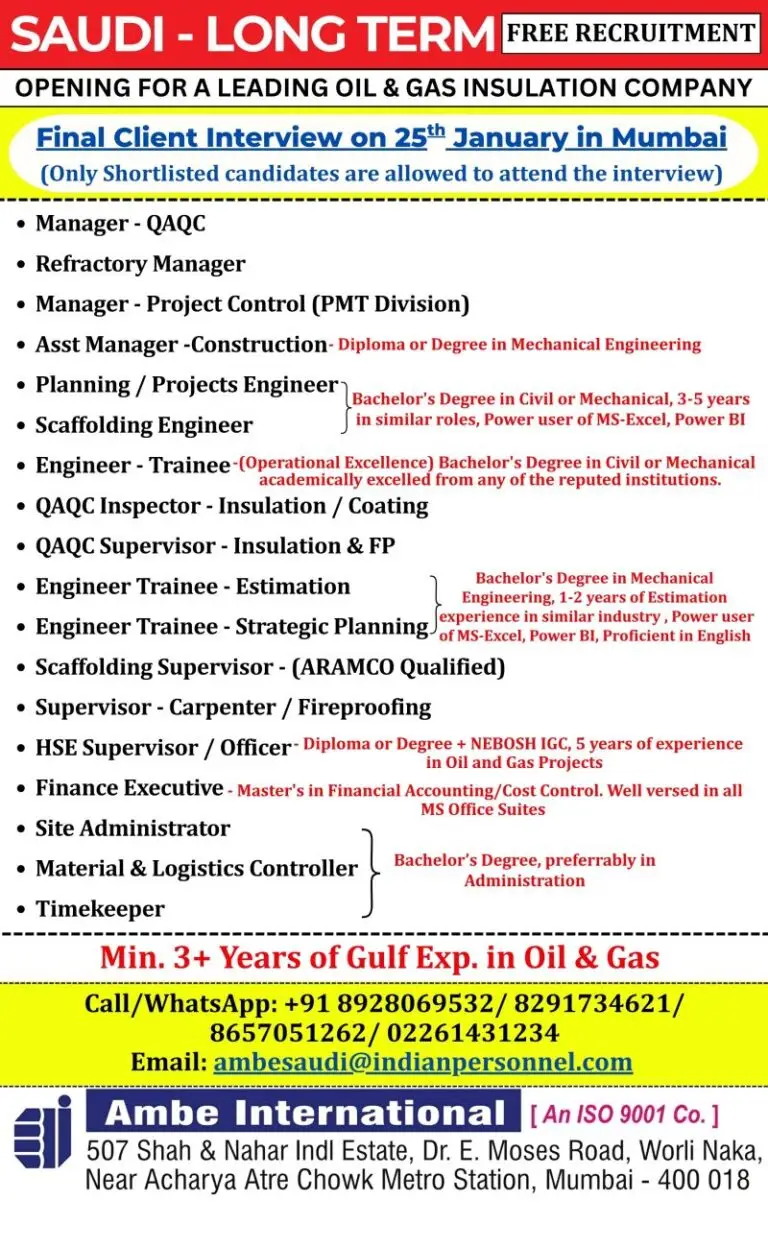 Urgent Requirement For Saudi Arabia