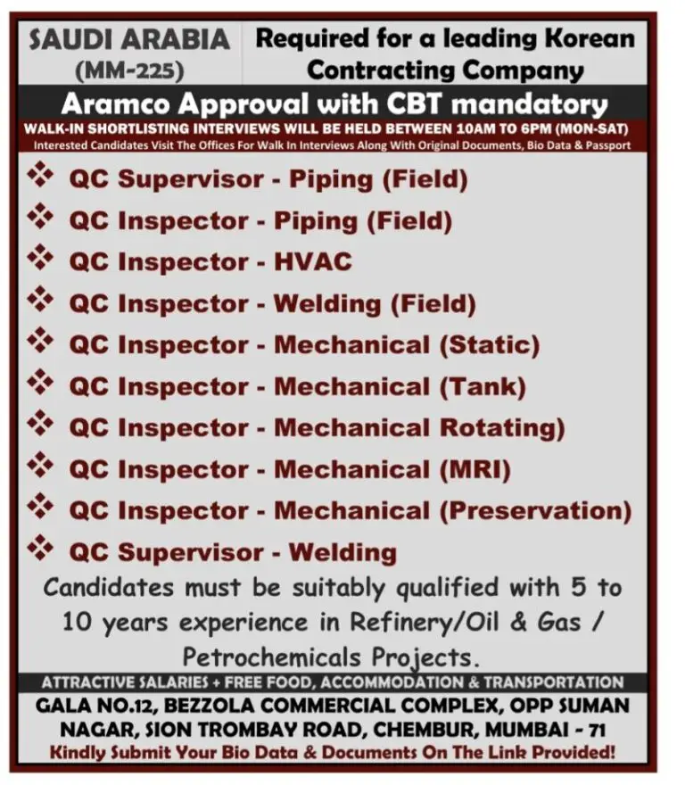Urgent Requirement For Saudi Arabia
