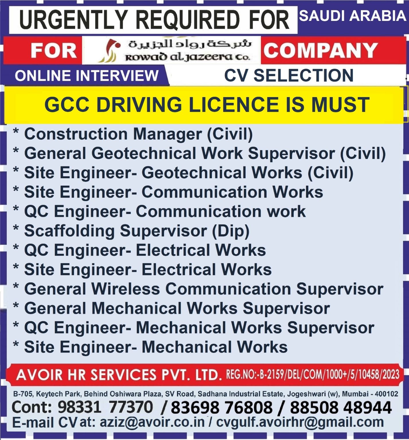 Urgent Requirement For Saudi Arabia