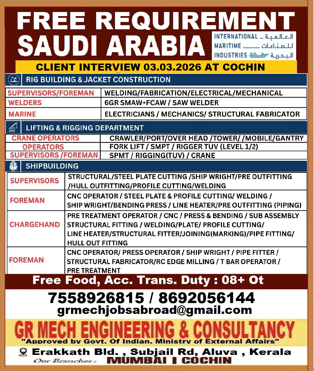 Urgent Requirement For Saudi Arabia