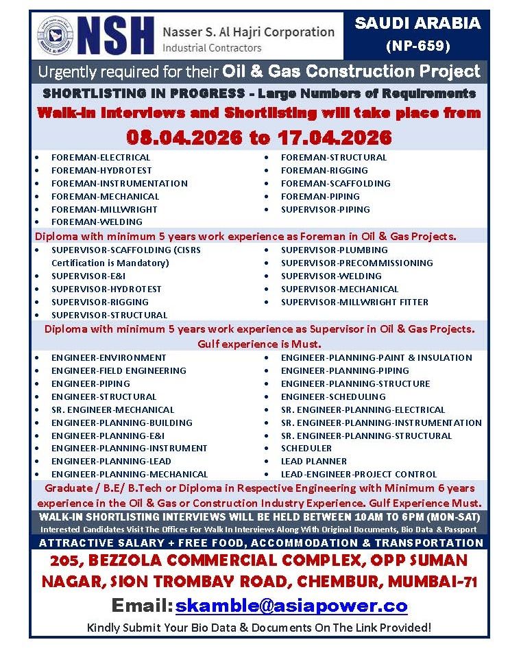 Urgent Requirement For Saudi Arabia