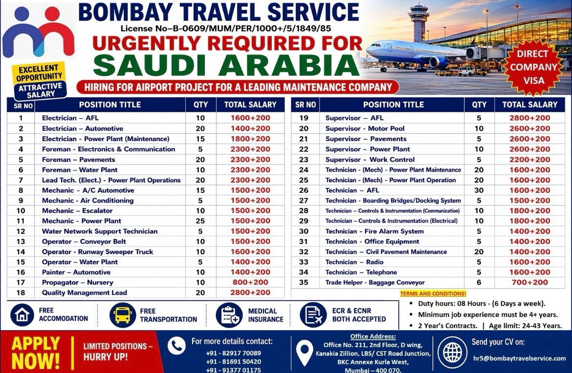 Urgent Requirement For Saudi Arabia