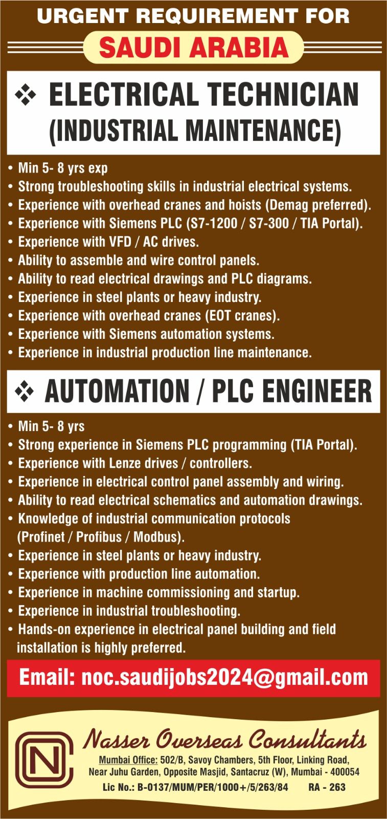 Urgent Requirement For Saudi Arabia