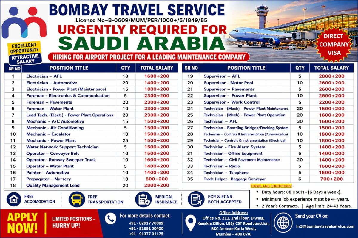 Urgent Requirement For Saudi Arabia