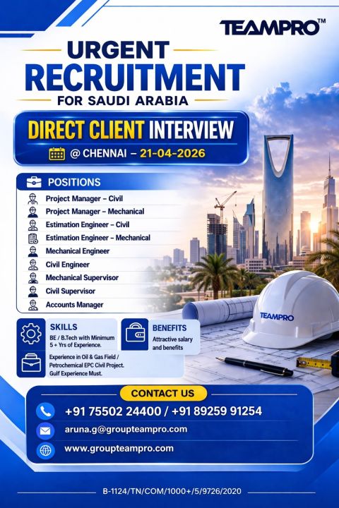 Urgent Requirement For Saudi Arabia