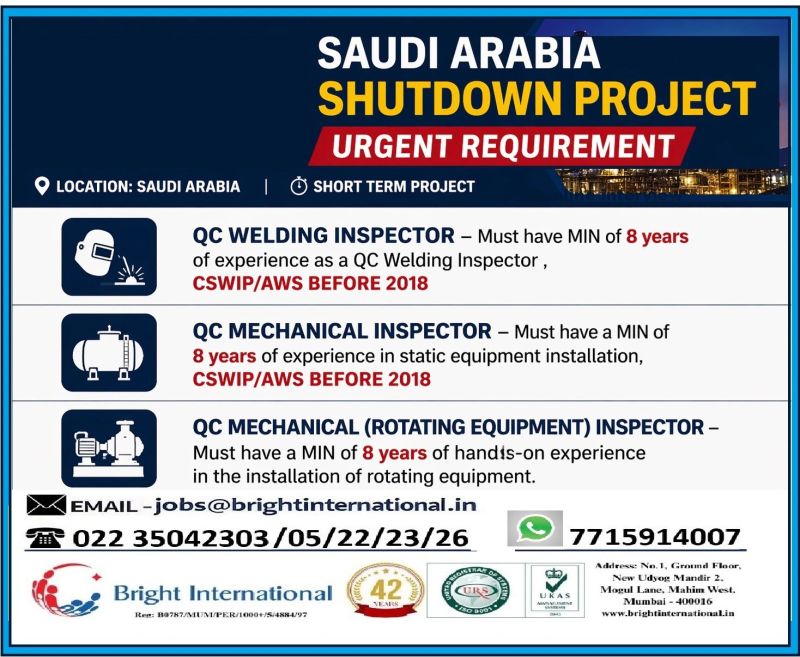 Urgent Requirement For Saudi Arabia