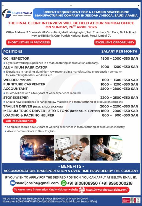 Urgent Requirement For Saudi Arabia