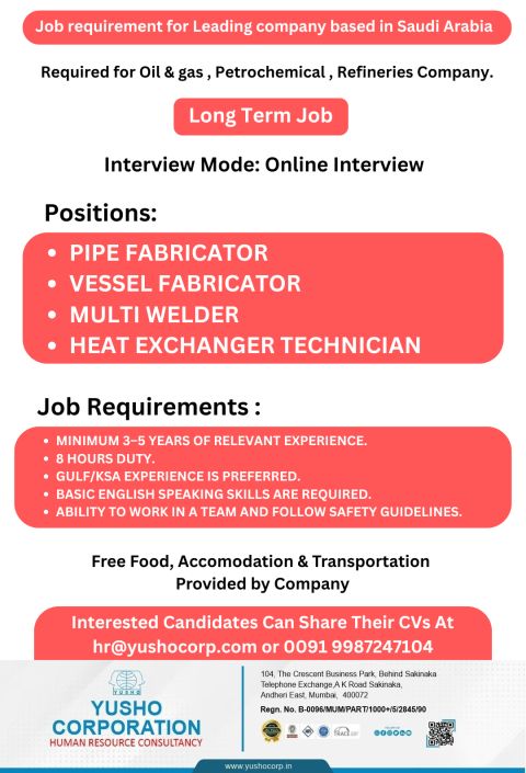 Urgent Requirement For Saudi Arabia