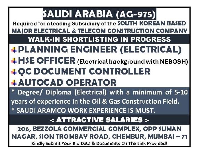 Urgent Requirement For Saudi Arabia