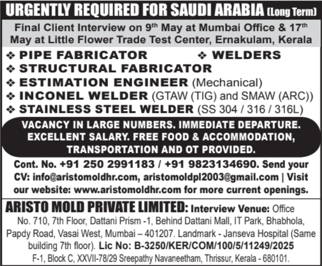 Urgent Requirement For Saudi Arabia