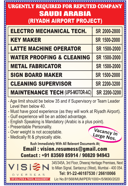 Urgent Requirement For Saudi Arabia