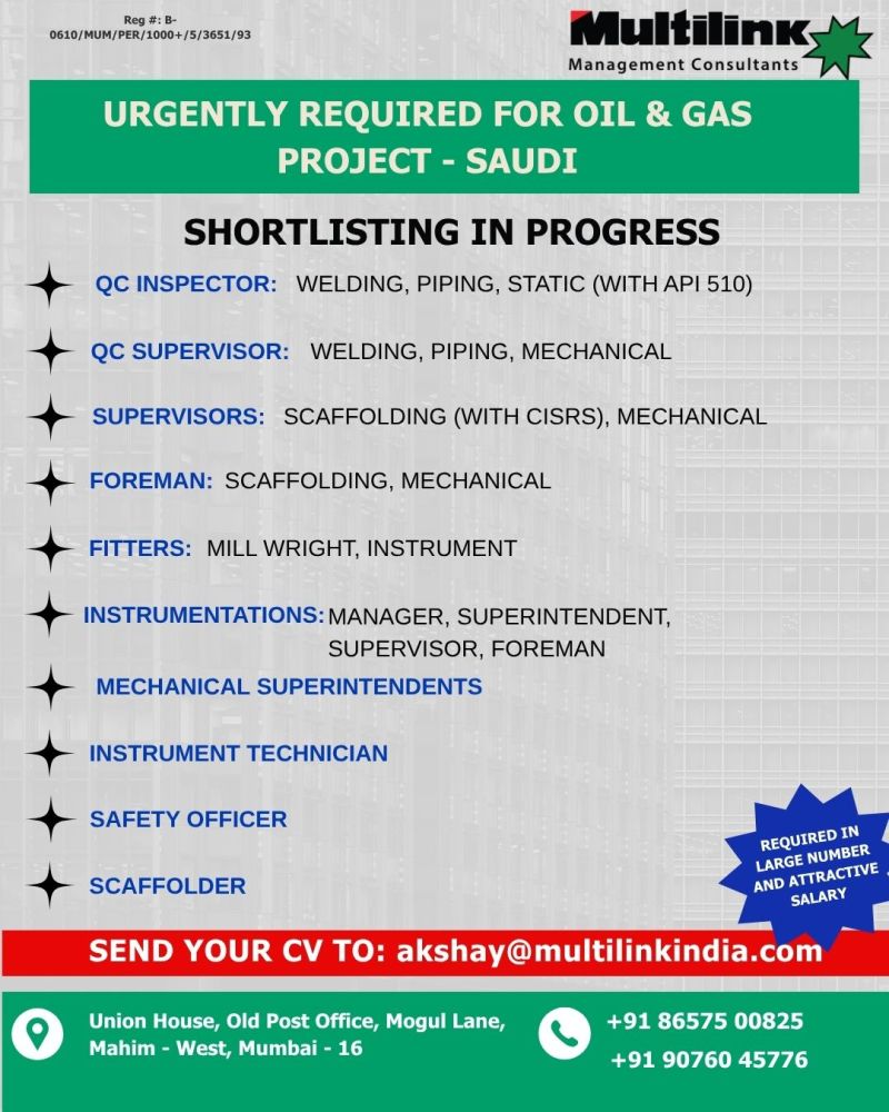 Urgent Requirement For Saudi Arabia