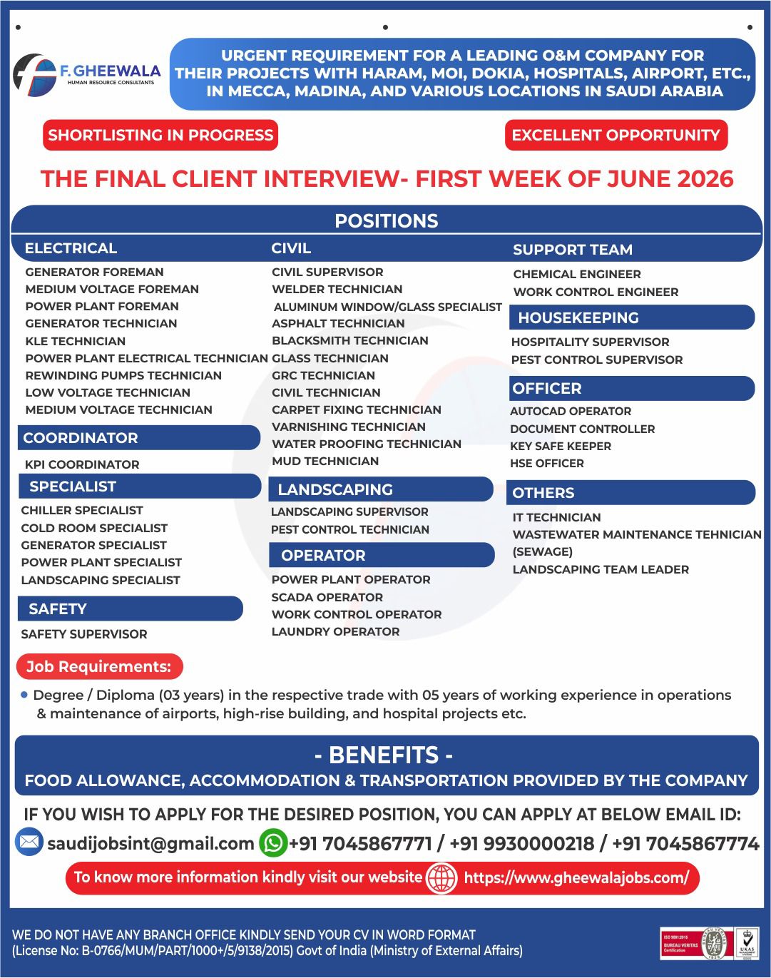 Urgent Requirement For Saudi Arabia