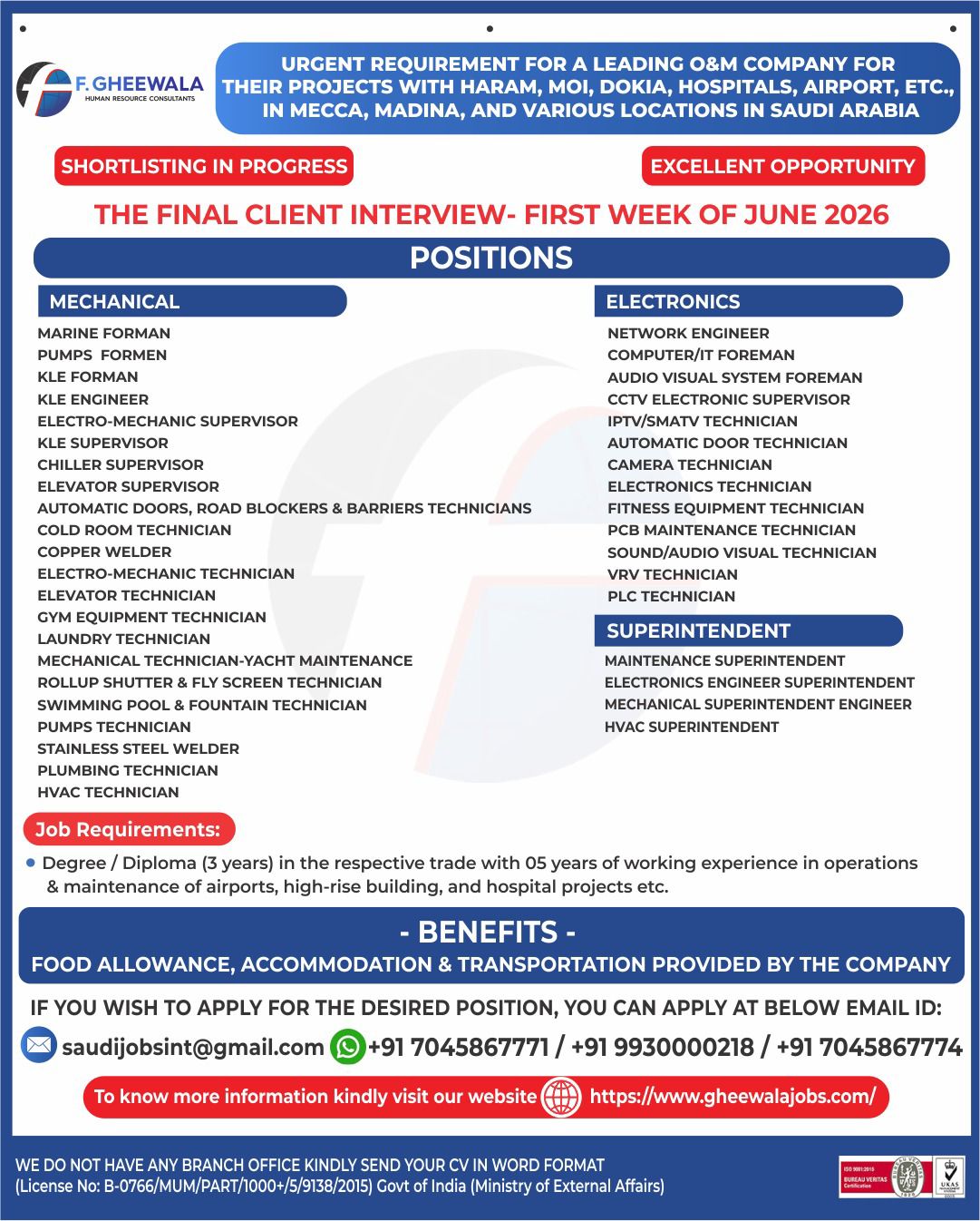 Urgent Requirement for Saudi Arabia