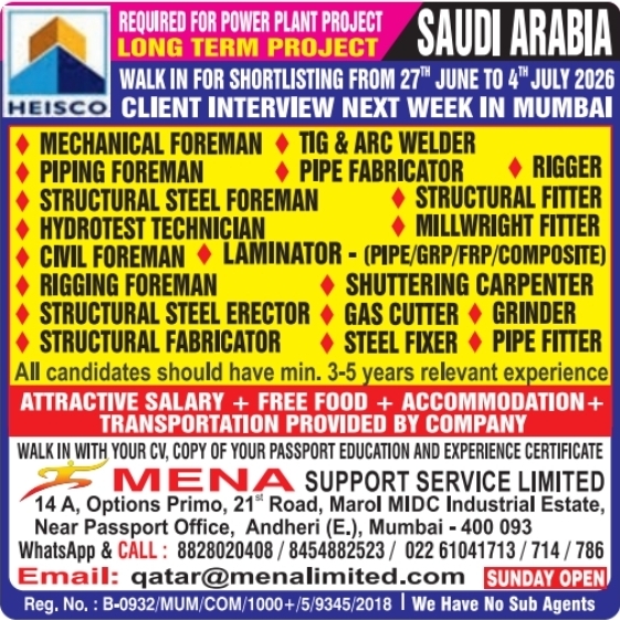 Urgent Requirement for Saudi Arabia