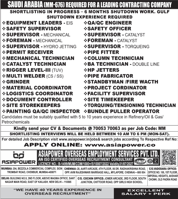 Urgent Requirement For Saudi Arabia