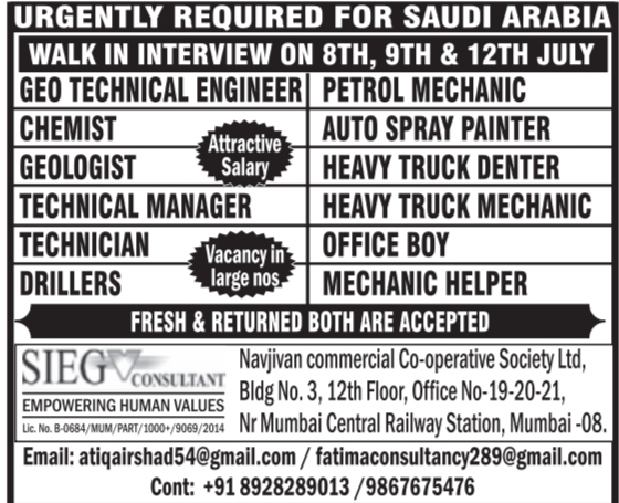 Urgent Requirement For Saudi Arabia