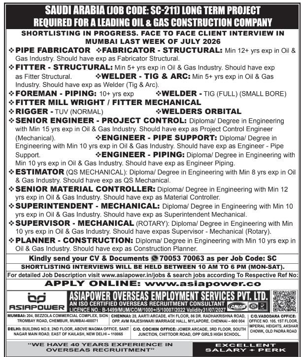 Urgent Requirement For Saudi Arabia