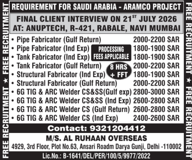 Urgent Requirement For Saudi Arabia