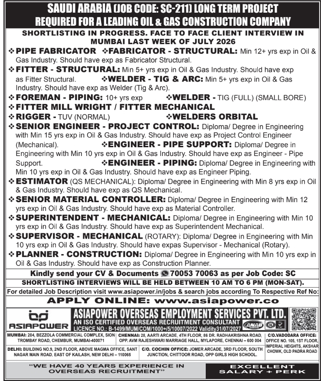 Urgent Requirement for Saudi Arabia