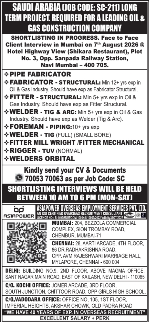 Urgent Requirement for Saudi Arabia