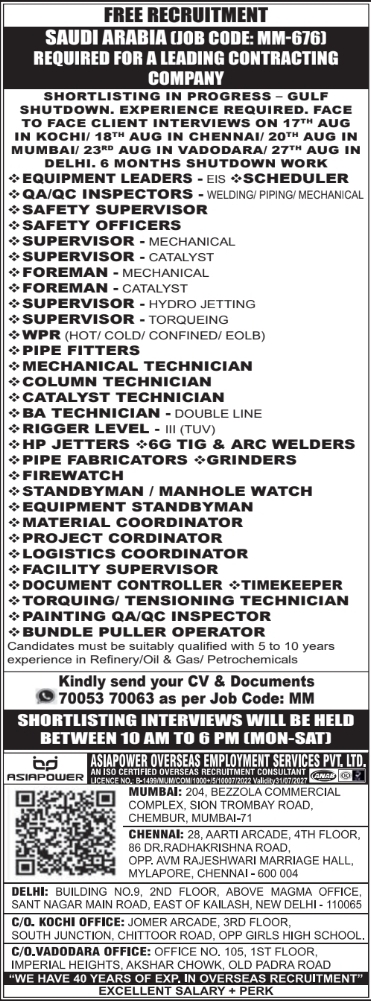 Urgent Requirement For Saudi Arabia