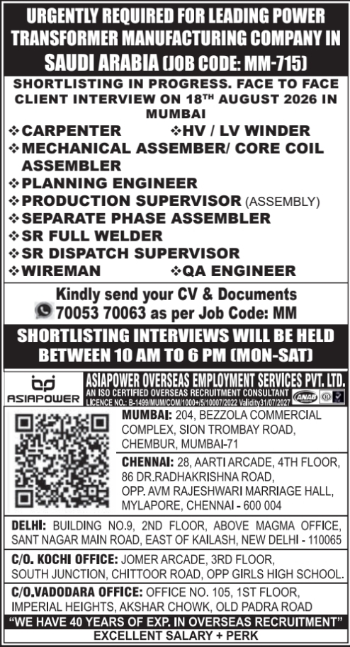 Urgent Requirement For Saudi Arabia