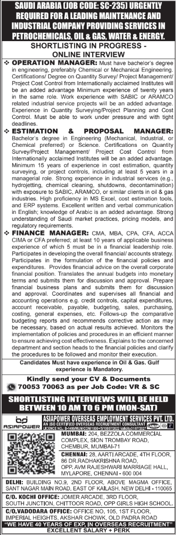 Urgent Requirement for Saudi Arabia