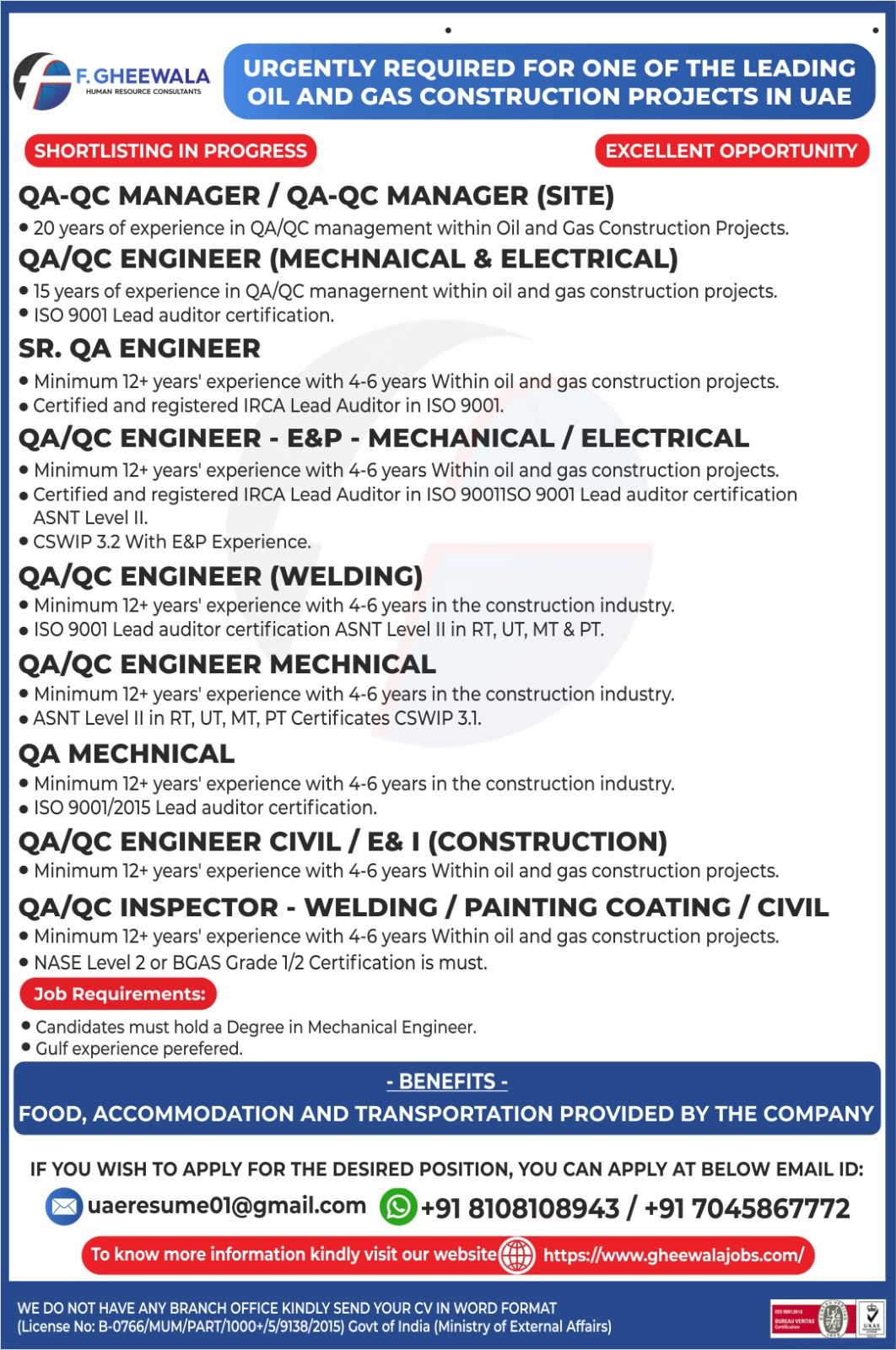 Urgent Requirement For UAE