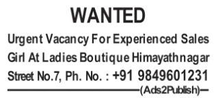 Urgent Vacancy for Experienced Sales Girl at Ladies Boutique