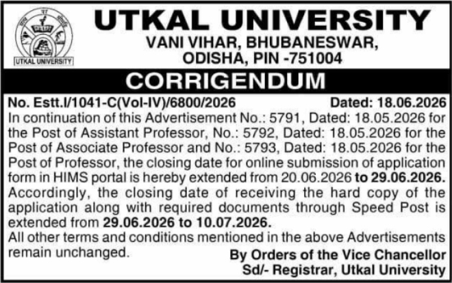 Utkal University Faculty Recruitment Corrigendum