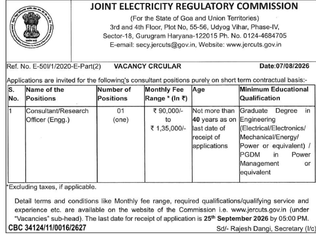 Vacancy Circular for Consultant/Research Officer at JERC