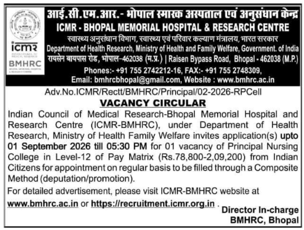 Vacancy Circular for Principal Nursing College Post by ICMR-BMHRC