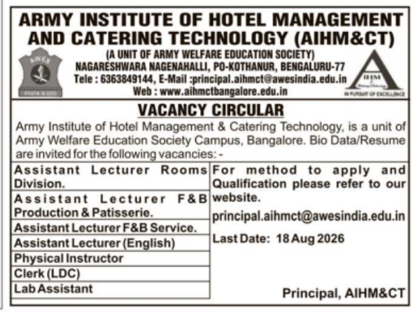Vacancy Circular for Teaching and Support Staff at AIHM&CT Bengaluru