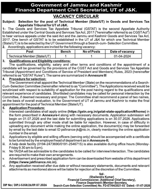 Vacancy Circular: Technical Member (State/UT) Selection