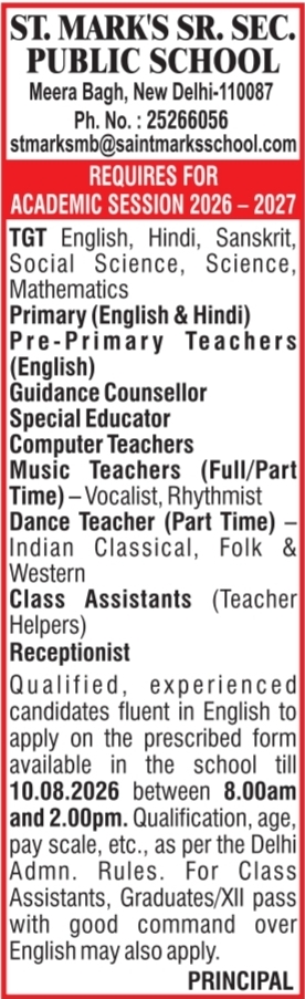 Vacancy for Multiple Teaching Roles at St. Mark's School