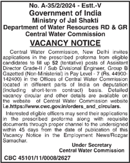 Vacancy Notice: Assistant Director Recruitment Work Central Water Commission, New Delhi