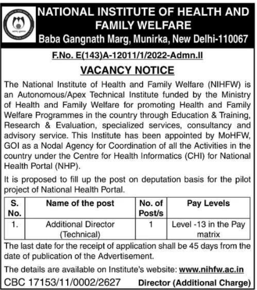 Vacancy Notice for Additional Director (Technical) at NIHFW