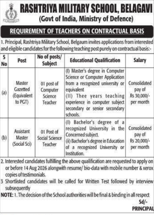 Vacancy Notice for Contractual Teaching Positions (Rashtriya Military School)